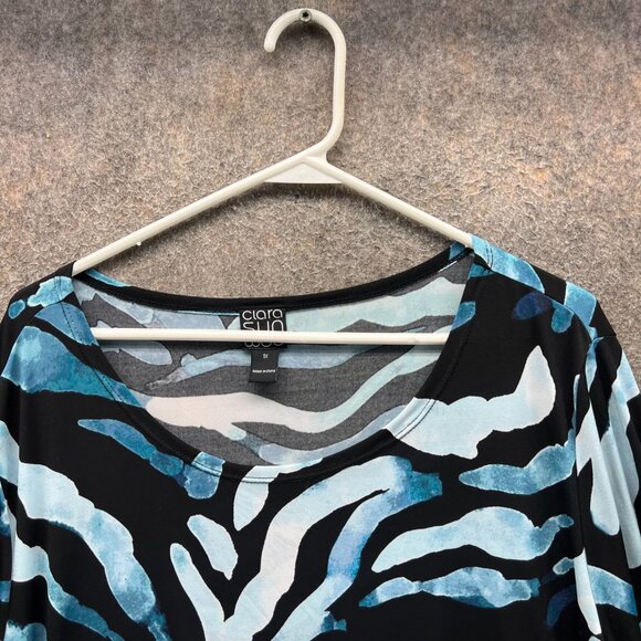 Clara Sun Woo Top Shirt Women 1X Blue Black Abstract Zebra Print 3/4 Sleeve Knit - Picture 7 of 9